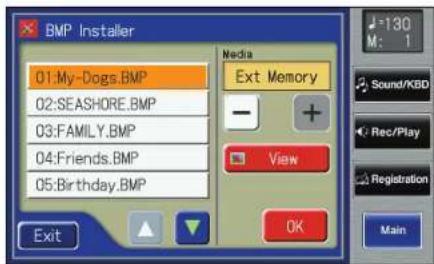 BMP Installer 01:My-Dogs.BMP 02:SEASHORE.BMP 03:FAMILY.BMP 04:Friends.BMP 05:Birthday.BMP Media Ext Memory View OK Exit M: 1 Sound/KBD Rec/Play Registration Main