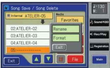 Song Save / Song Delete Internal ATELIER-05 Nvidia Favorites 02:ATELIER-02 Rename 03:ATELIER-03 Format 04:ATELIER-04 Exit Exit File 130 M: 1 Sound/KBD Rec/Play Registration Main