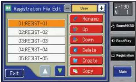Registration File Edit User 01:REGIST-01 02:REGIST-02 03:REGIST-03 04:REGIST-04 05:REGIST-05 Rename Up Down Delete Create Copy Exit =130 M: 1 Sound/KBD Rec/Play Registration Main