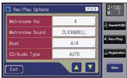 Rec/Play Options P.2/3 Metronome Vol. 4 Metronome Sound CLICK&BELL Beat 4/4 CD/Audio Type AUTO Exit