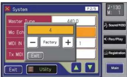 System P2/5 Master Tone 440.0 Mic Echo 4 MIDI IN Factory 1 Tx MIDI Exit Exit Utility J=130 M: 1 Sound/KBD Rec/Play Registration Main