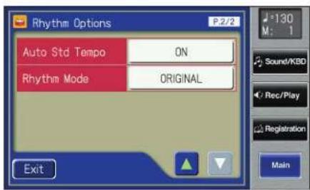 Rhythm Options P.2/2 Auto Std Tempo ON Rhythm Mode ORIGINAL Exit
