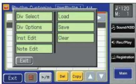 Rhythm Customize UserRhythm 1.44 Div Select Load Div Options Save Inst Edit Clear Note Edit Exit J=120 M: 1 Sound/XBD Rec/Play Registration Main Exit Del Copy
