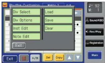 Playbox: Ductagio Mmp 3 1/4 Div Select Load Div Options Save Inst Edit Clear Note Edit Exit S M: 1 Sound/KBD Rec/Play Registration Main Exit >/m Del Copy