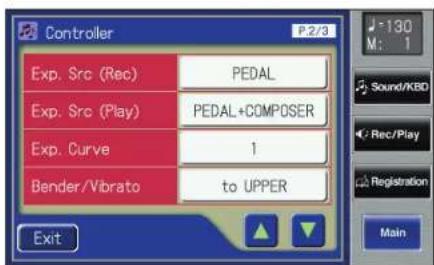 Controller P2/3 Exp. Src (Rec) PEDAL Exp. Src (Play) PEDAL+COMPOSER Exp. Curve 1 Bender/Vibrato to UPPER Exit