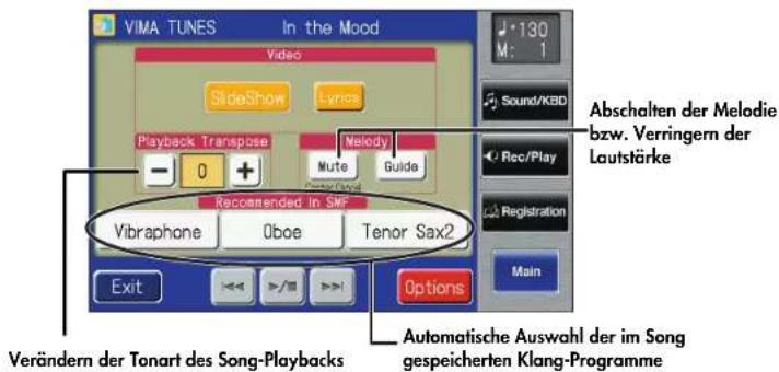 VIMA TUNES In the Mood Video SlideShow Lyrics Playback Transpose - 0 + Reconstended in SRF Vibraphone Oboe Tenor Sax2 Abschalten der Melodie bzw. Verringern der Lautstärke Rec/Play Registration Main Exit >> Options Verändern der Tonart des Song-Playbacks Automatische Auswahl der im Song gespeicherten Klang-Programme