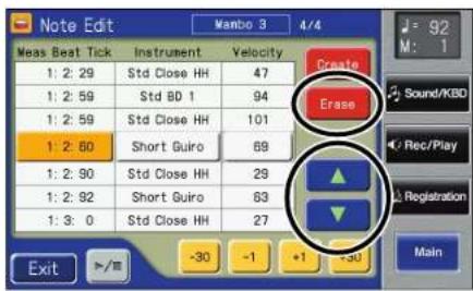 Note Edit Manbo 3 4/4 Meas Beat Tick Instrument Velocity 1: 2: 29 Std Close HH 47 1: 2: 59 Std BD 1 94 1: 2: 59 Std Close HH 101 1: 2: 60 Short Guiro 69 1: 2: 90 Std Close HH 29 1: 2: 92 Short Guiro 83 1: 3: 0 Std Close HH 27 Exit >/- -30 -1 +1 -30 Erase Erase Sound/KBD Rec/Play Registration Main