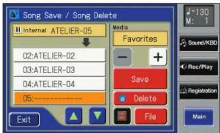 Song Save / Song Delete Internal ATELIER-05 Media Favorites 02:ATELIER-02 03:ATELIER-03 04:ATELIER-04 05:---- Exit Delete File 130 M: 1 Sound/KBD Rec/Play Registration Main