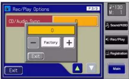 Rec/Play Options P3/3 CD/Audio Sync 0 Factory + Exit Exit M: 1 Sound/KBD Rec/Play Registration Main