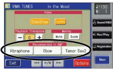 VIMA TUNES In the Mood Video SlideShow Lyrics Playback Transpose Melody - 0 + Mute Guide Recommended in SMF Vibraphone Oboe Tenor Sax2 Exit >/> Options M: 1 Sound/KBD Rec/Play Registration Main