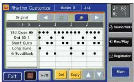 Rhythm Customize Original 1: 1: 0 Std Close HH Std BD 1 Short Guiro Long Guiro Hi WoodBlock Exit Del Copy 92 M: 1 Sound/KBD Rec/Play Registration Main