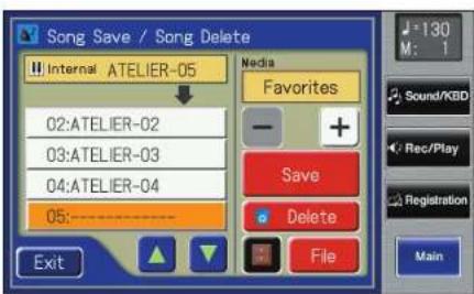 Song Save / Song Delete Internal ATELIER-05 Media Favorites 02:ATELIER-02 03:ATELIER-03 04:ATELIER-04 05:---- Exit Delete File 130 M: 1 Sound/KBD Rec/Play Registration Main