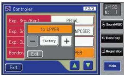 Controller P 2/3 Exp. Src (Rec) PEDAL Exp. Src to UPPER MPOSER Factory + Bender Exit PER Exit 130 M: 1 Sound/KBD Rec/Play Registration Main