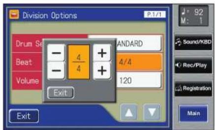 Division Options P.1/1 Drum Set BEAT Volume - 4 + - 4 + 4/4 120 Exit Exit M: 1 Sound/KBD Rec/Play Registration Main