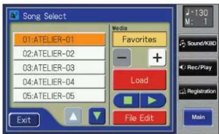 Song Select 01:ATELIER-01 02:ATELIER-02 03:ATELIER-03 04:ATELIER-04 05:ATELIER-05 Media Favorites - + Load File Edit Exit M: 1 Sound/KBD Rec/Play Registration Main