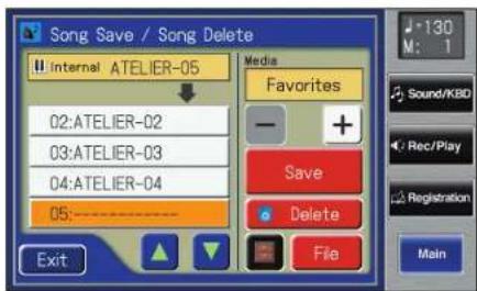 Song Save / Song Delete Internal ATELIER-05 Media Favorites 02:ATELIER-02 03:ATELIER-03 04:ATELIER-04 05:---- Save Delete File Exit 130 M: 1 Sound/KBD Rec/Play Registration Main