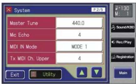 System P.2/5 Master Tune 440.0 Mic Echo 4 MIDI IN Mode MODE 1 Tx MIDI Ch. Upper 4 Exit Utility J=130 M: 1 Sound/KBD Rec/Play Registration Main
