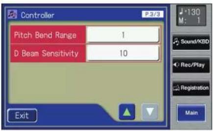 Controller P.3/3 Pitch Bend Range 1 D Beam Sensitivity 10 Exit J=130 M: 1 Sound/KB0 Rec/Play Registration Main
