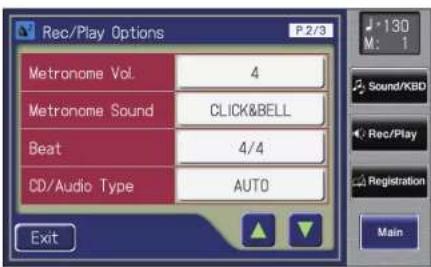 Rec/Play Options P 2/3 Metronome Vol. 4 Metronome Sound CLICK&BELL Beat 4/4 CD/Audio Type AUTO Exit