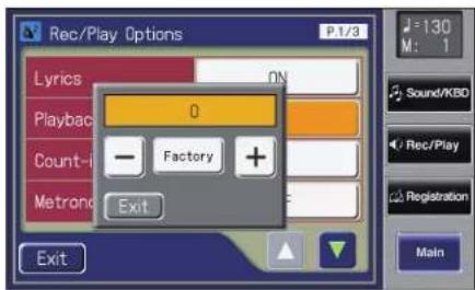 Rec/Play Options P.1/3 Lyrics 0 Playback Count- Factory + Metron Exit M: 1 Sound/KBD Rec/Play Registration Main
