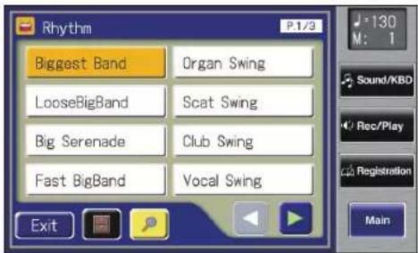 Rhythm P.1/3 Biggest Band Organ Swing LooseBigBand Scat Swing Big Serenade Club Swing Fast BigBand Vocal Swing Exit Sound/KBD Rec/Play Registration Main