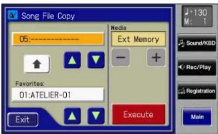 Song File Copy 05:---- Media Ext Memory - + Favorites: 01:ATELIER-01 Exit Execute M: 1 Sound/KBD Rec/Play Registration Main