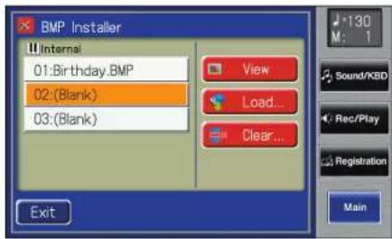 BMP Installer Internal 01:Birthday.BMP 02:(Blank) 03:(Blank) View Load... Clear... Exit M: 1 Sound/KBD Rec/Play Registration Main