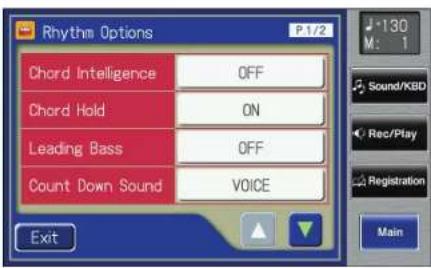 Rhythm Options P.1/2 Chord Intelligence OFF Chord Hold ON Leading Bass OFF Count Down Sound VOICE Exit 130 M: 1 Sound/KBD Rec/Play Registration Main