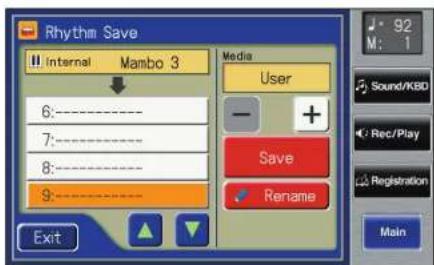 Rhythm Save Internal Mambo 3 Media User 6:---- 7:---- 8:---- 9:---- Exit Save Rename 92 M: 1 Sound/KBD Rec/Play Registration Main