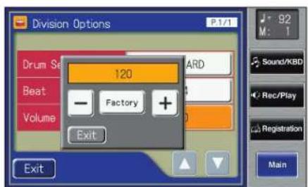 Division Options P.1/1 Drum Set 120 Beat Factory + Volume Exit Exit Sound/KBD Rec/Play Registration Main