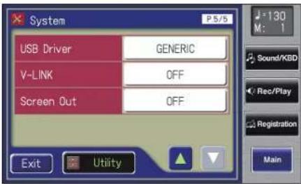 System USB Driver V-LINK Screen Out GENERIC OFF OFF Exit Utility 130 M: 1 Sound/KBD Rec/Play Registration Main