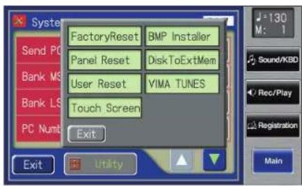 FactoryReset BMP Installer Panel Reset DiskToExtMem User Reset YIMA TUNES Touch Screen Exit Send PC Bank MS Bank LS PC Numb Exit Utility 130 M: 1 Sound/KBD Rec/Play Registration Main
