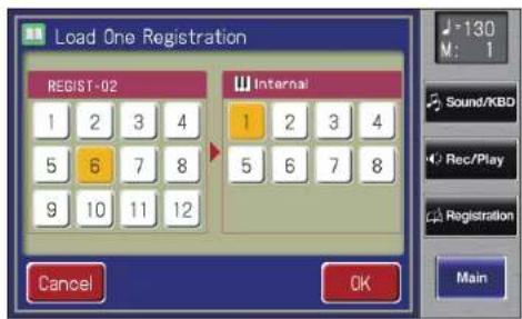 Load One Registration REGIST-02 Internal 1 2 3 4 5 6 7 8 9 10 11 12 1 2 3 4 5 6 7 8 Cancel OK -130 M: 1 Sound/KBD Rec/Play Registration Main