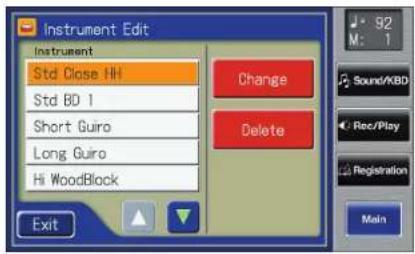Instrument Edit Instrument Std Close HH Std BD 1 Short Guiro Long Guiro Hi WoodBlock Change Delete Exit 92 M: 1 Sound/XBD Rec/Play Registration Main