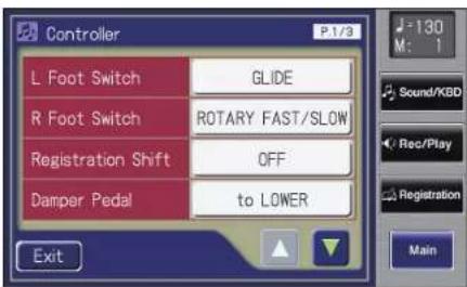 Controller P.1/3 L Foot Switch GLIDE R Foot Switch ROTARY FAST/SLOW Registration Shift OFF Damper Pedal to LOWER Exit 130 M: 1 Sound/KBD Rec/Play Registration Main