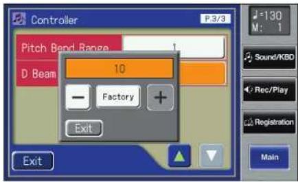 Controller P3/3 Pitch Bend Range 1 D Beam 10 Factory Exit Exit M: 1 Sound/KBD Rec/Play Registration Main