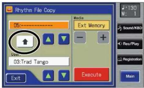 Rhythm File Copy 05:---- User... 03:Trad Tango Exit Media Ext Memory - + Execute 130 M: 1 Sound/KBD Rec/Play Registration Main