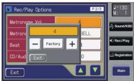 Rec/Play Options P 2/3 Metronome Vol 4 Metronome 4 BELL Beat - Factory + CD/Aud Exit 0 Exit 130 M: 1 Sound/KBD Rec/Play Registration Main