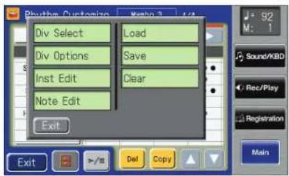 Div Select Load Div Options Save Inst Edit Clear Note Edit Exit 92 M: 1 Sound/KBD Rec/Play Registration Main Exit Del Copy