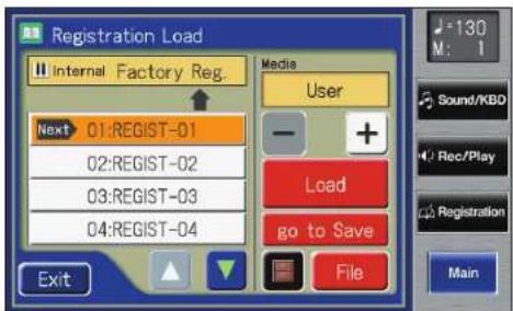 Registration Load Internal Factory Reg. Next 01:REGIST-01 02:REGIST-02 03:REGIST-03 04:REGIST-04 Exit Media User - + Load go to Save File -130 M: 1 Sound/KBO Rec/Play Registration Main