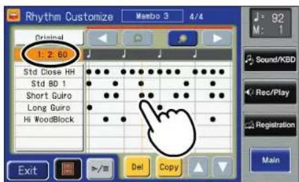 Rhythm Customize Mamba 3 4/4 Original 1:2:60 Std Close HH Std BD 1 Short Guiro Long Guiro Hi WoodBlock Exit Del Copy 92 M: 1 Sound/KBD Rec/Play Registration Main