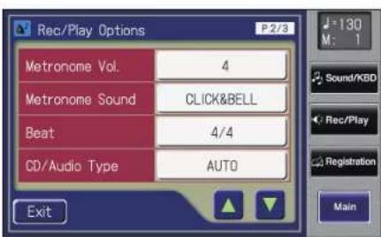 Rec/Play Options P.2/3 Metronome Vol. 4 Metronome Sound CLICK&BELL Beat 4/4 CD/Audio Type AUTO Exit