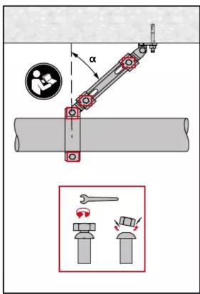 Technical diagram showing mechanical assembly with labeled angle α and two tool icons for lifting or disassembly.