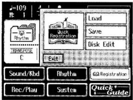 J=109 No: 1 Rhythm TRANSPOSE C Quick Registration Exit Load Save Disk Edit Sound/Kbd Rhythm QQ Registration Rec/Play System Quick* Guide