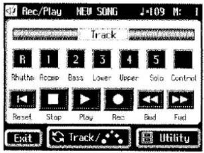 32 Rec/Play NEW SONG -109 M: 1 Track R 1 2 3 4 5 Rhythm Acamp Bass Lower Upper Solo Control Reset Stop Play Rec Bad Find Exit Track/ Utility
