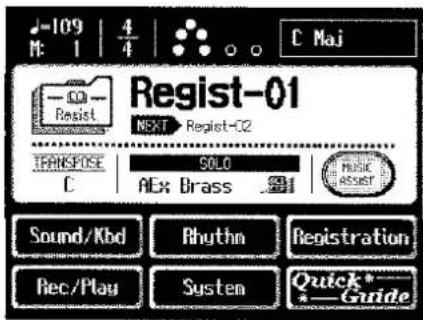 C Maj Regist-01 NEXT Regist-C2 TRANSPOSE SOLO C Alex Brass MUSIC ASSIST Sound/Kbd Rhythm Registration Rec/Play System Quick*- * Guide