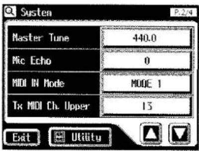 System Master Tune 440.0 Mic Echo 0 MIDI IN Mode MODE 1 Tx MIDI Ch Upper 13 Exit Utility