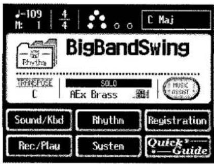 BigBandSwing C Maj -109 4 M: 1 4 Rhythra TRANSPCK SOLO C AEx Brass MUSIC MUSIC ASIST Sound/Kbd Rhythm Registration Rec/Play Systen Quick Guide