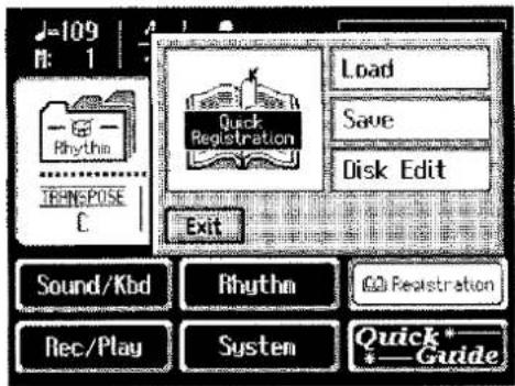 109 H: 1 Rhythm TRANSPOSE C Quick Registration Exit Load Save Disk Edit Sound/Kbd Rhythm QQ Registration Rec/Play System Quick *_ * Guide