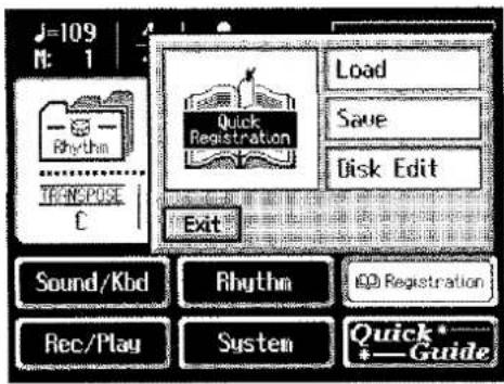 J=109 M: 1 Rhythm TRANSPOSE C Quick Registration Load Save Disk Edit Exit Sound/Kbd Rhythm Registration Rec/Play System Quick*_ *—Guide